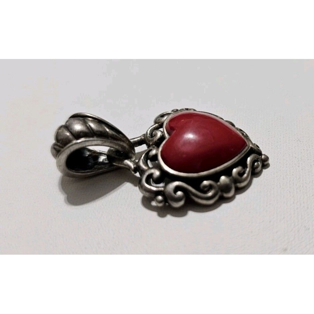 Vintage Sterling Silver 925 Scroll Red Stone Heart Pendant - Picture 4 of 6